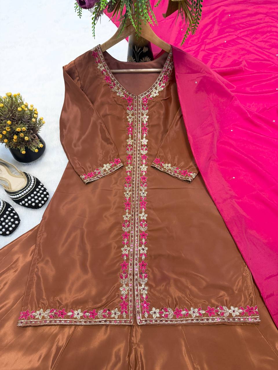 Luxe Brown Zari-Embroidered Flared Set